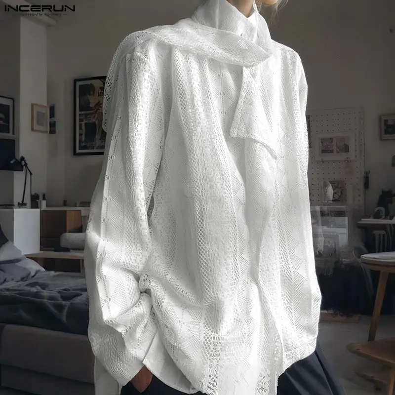 INCERUN الرجال قميص الدانتيل انظر من خلال الياقة المدورة طويلة الأكمام فضفاضة الرجال الملابس الشارع الشهير موضة ملابس علوية غير رسمية قمصان الذكور #3