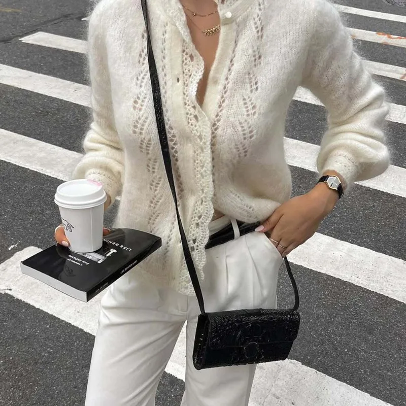 

Tuularose Women's White Cardigan Fashion Hollow Lace Patchwork Loose Sweaters Elegant New Office Basic Autumn Female Cardigan