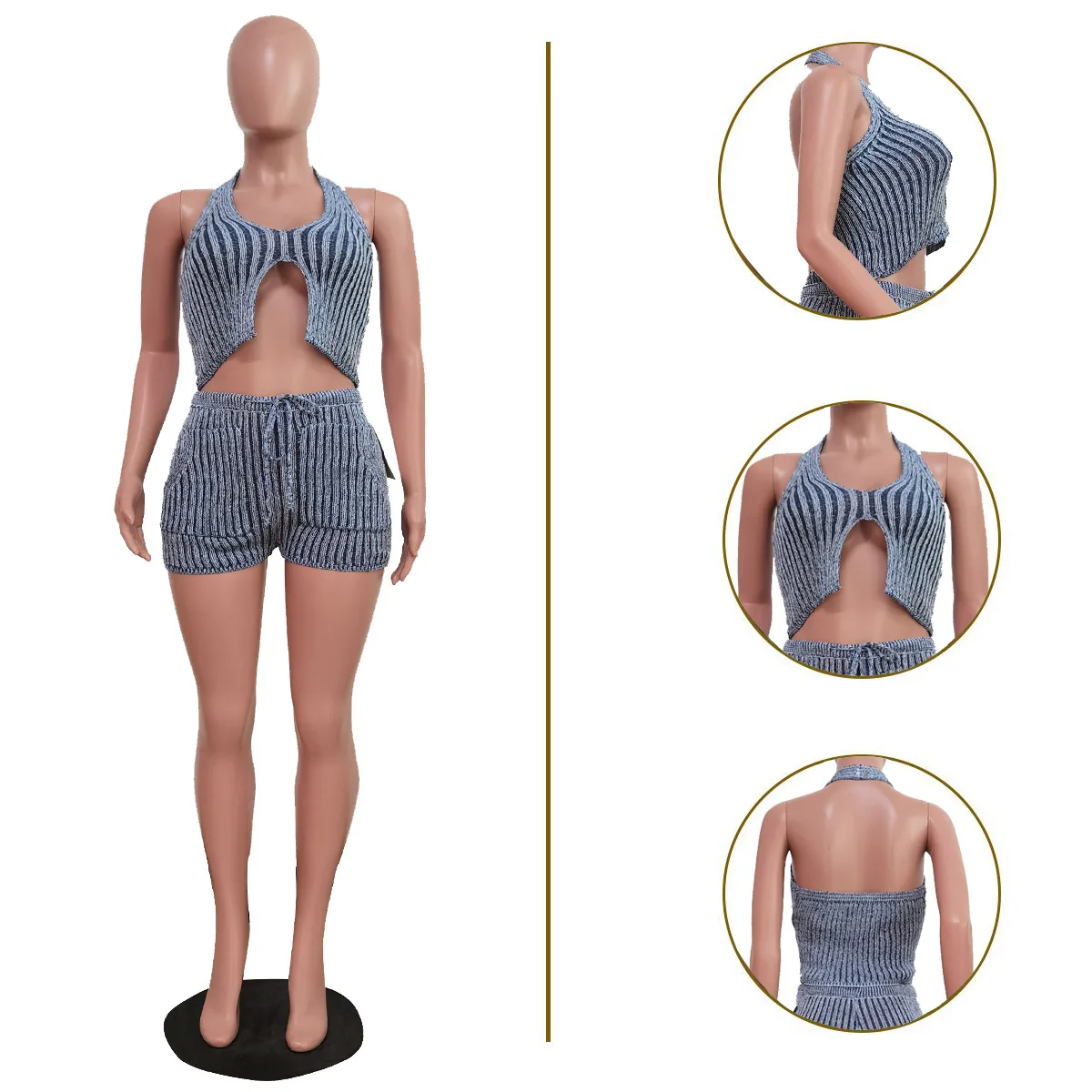 HLJ Fashion Stripe Print 2 Piece Sets Woman Outfit Halter Backless Slim Crop Top + Bodycon Shorts Female Streetwear Spring New