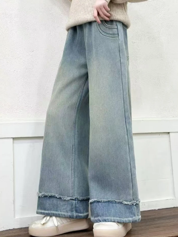 New Girls Denim Jeans Winter Fleece Lined Wide Leg Pants Kids Casual Thickened Straight Trousers Children Fashion Bottoms