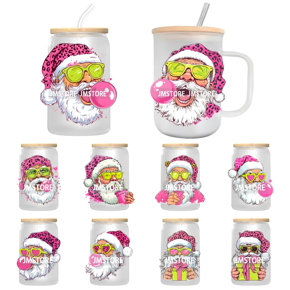 Retro Santa Claus Blowing Bubble Christmas UV DTF Decals Ready To Apply Waterproof Transfer Stickers For 16OZ Libbey Glass Can