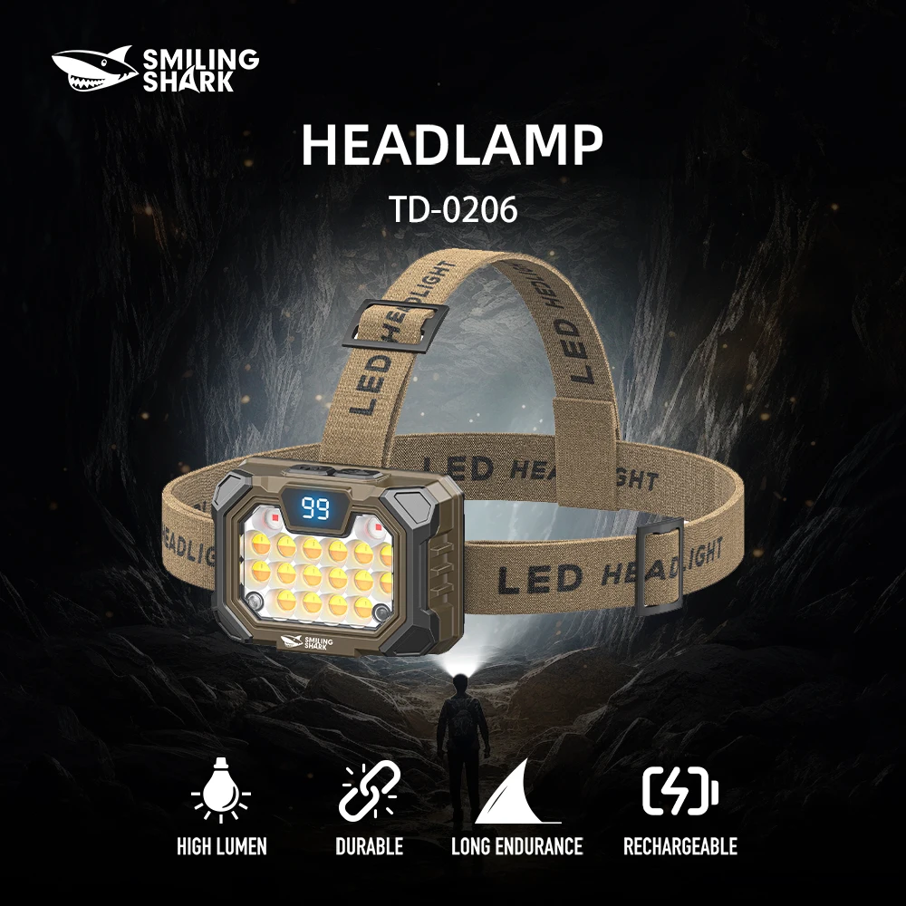 

1 шт., перезаряжаемая налобная фара Smilingshark TD-0206, USB-кабель в комплекте и регулируемая повязка на голову, легкая фара для улицы, лагеря