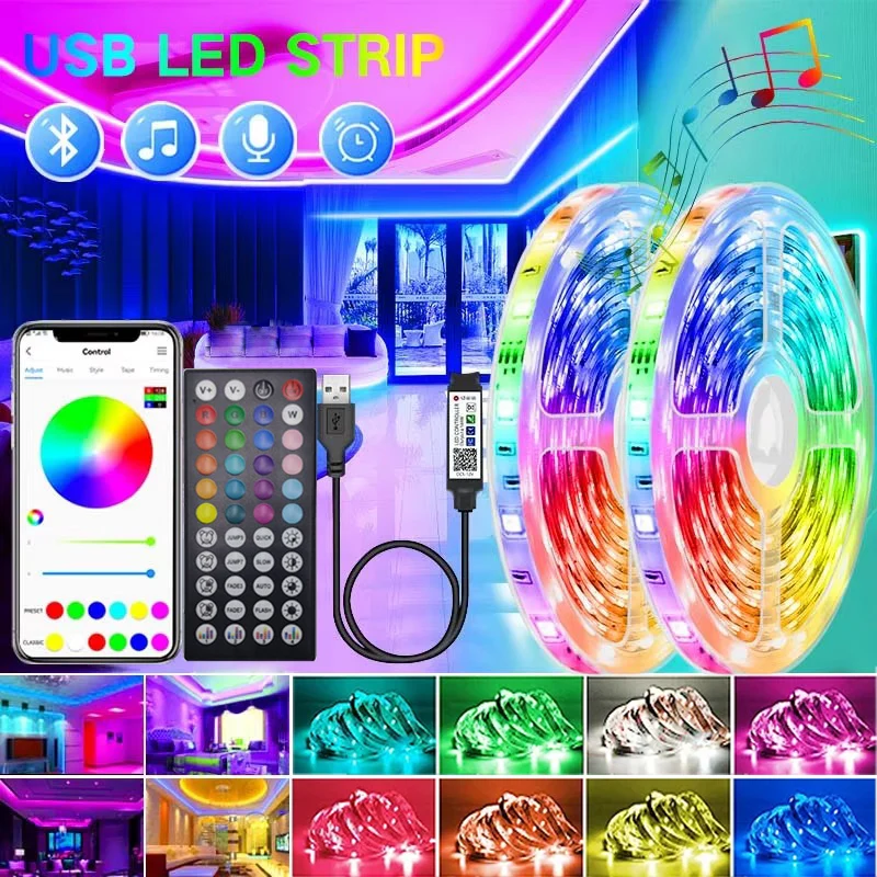 Wifi led luz de tira rgb 5050 bluetooth app controle led flexível lâmpada fita diodo para tv backlight festival festa decoração do quarto