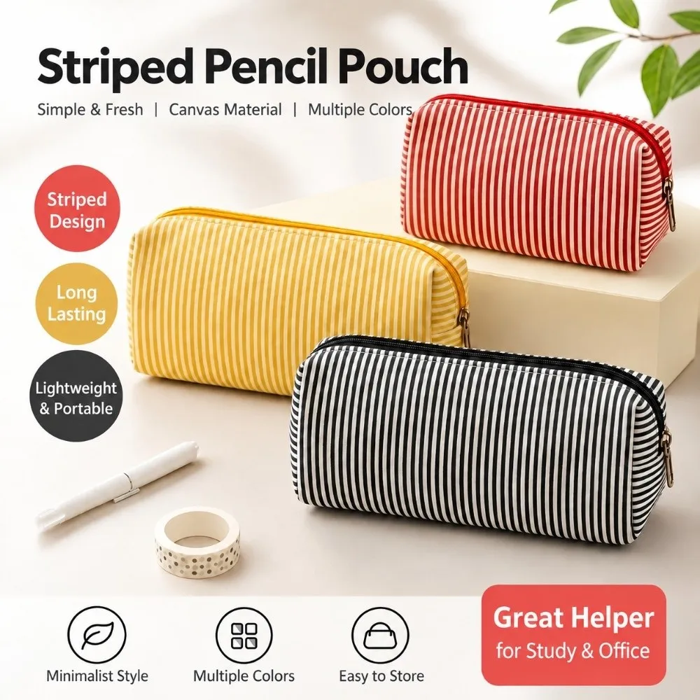 Portable Striped Print Pencil Pouch Polyester Bubble Yarn Zipper Closure Pencil Case Large Capacity Stationery Bag School Office