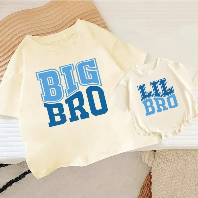 BIG BRO/LIL BRO Print Family Matching Outfit Kid T-shirt+Oversized Bubble Romper Short Sleeve Family Set Retro Brother Outfits