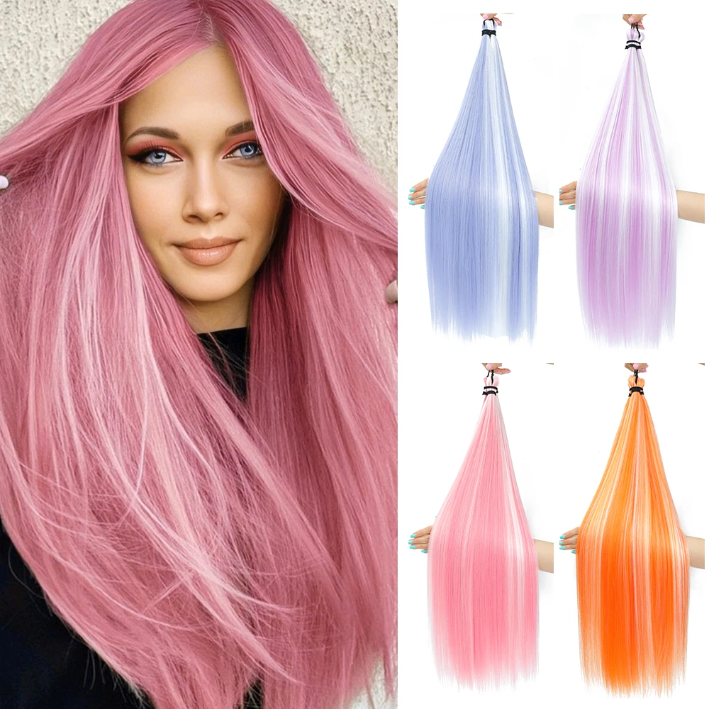 

Розовый 28-дюймовый синтетический прямой конский хвост, наращивание волос, мягкие вязанные крючком плетеные пучки для женщин, наращивание волос, синий, оранжевый, красный