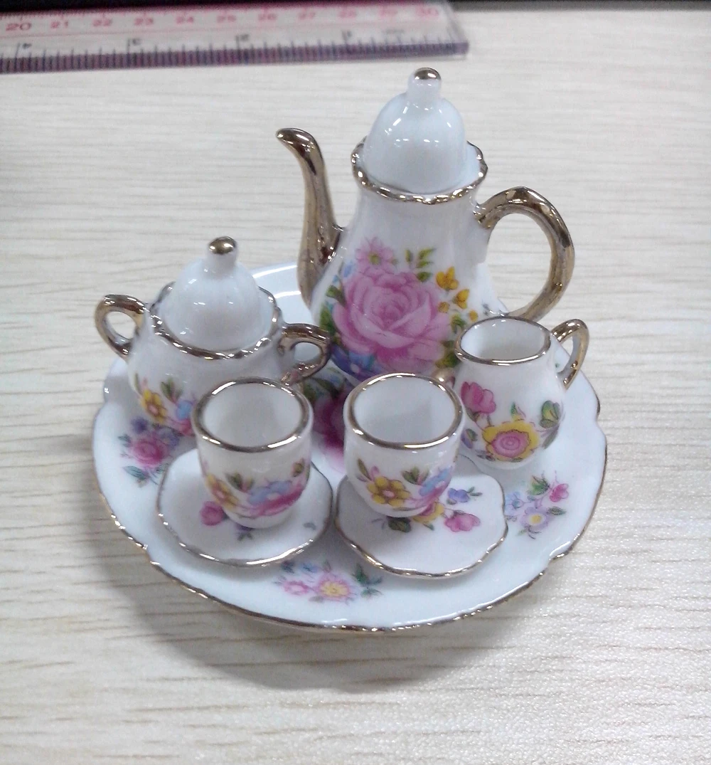 8Pcs Dolls House Miniatures Dining Ware Tea Set Dish Cup Plate Pink Rose