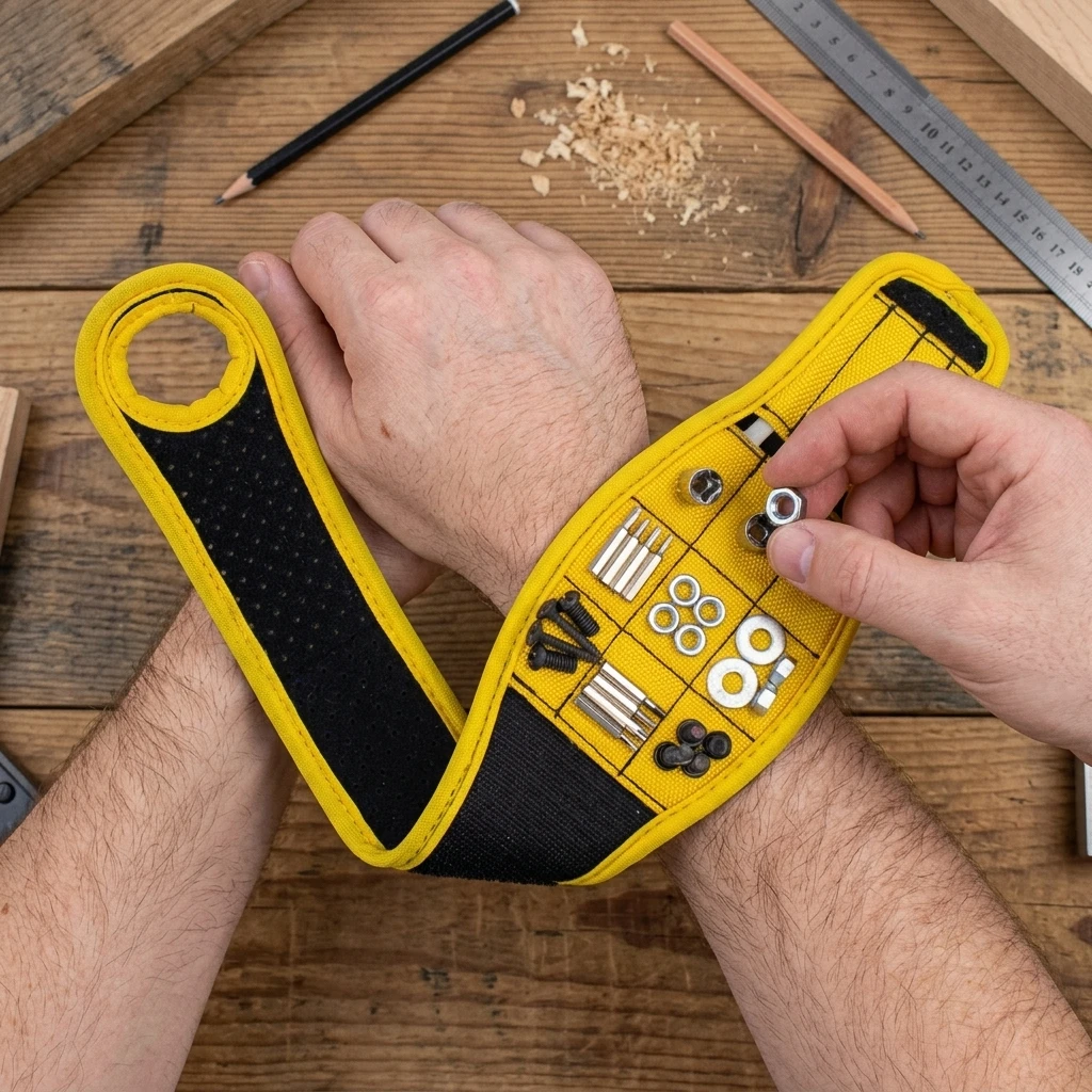 Magnetic Wristband Tool Organizer With Adjustable Strap And Screw Pickup Function For Home Repair