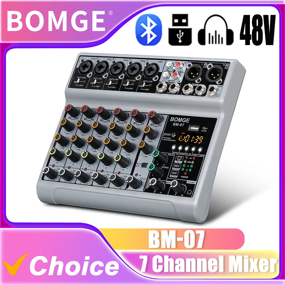 BOMGE BM-07 Audio Mixer,7 Channel Sound Board Mixing Console with Digital USB Bluetooth Echo Delay Effect 48V,Stereo DJ Mixers