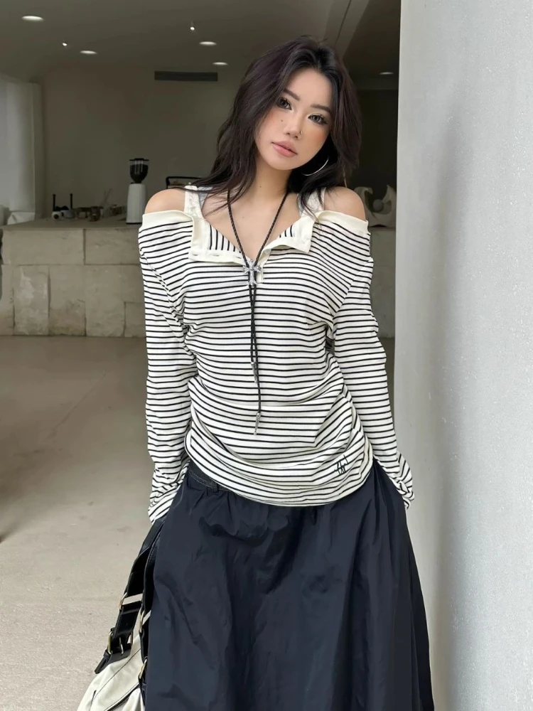 Estilo preppy coreano hoodies listrado manga longa camisolas retro americano casual moda fora do ombro hoodie y2k topo streetwear