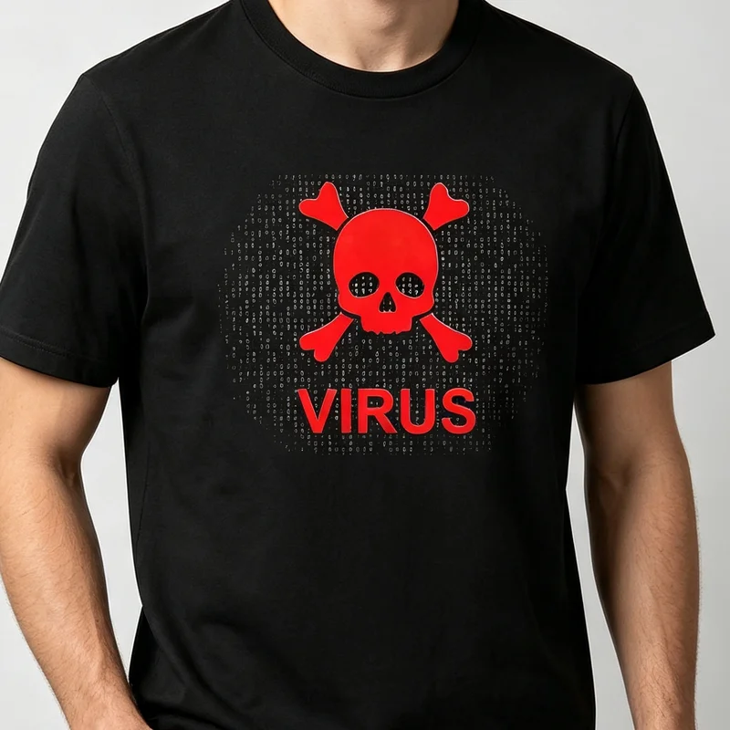 Men's Virus Skull T-Shirt Red Crossbones Binary Code Cyber Print Short Sleeve Casual Streetwear Fashion Tee Y2k Top Harajuku