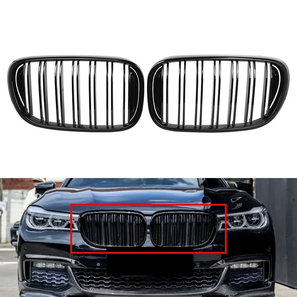 Car Dual Slat Front Bumper Grille Kidney Grill Glossy Black ABS Plastic For BMW 7 Series G11 G12 2016 2017 2018 2019 1Pair