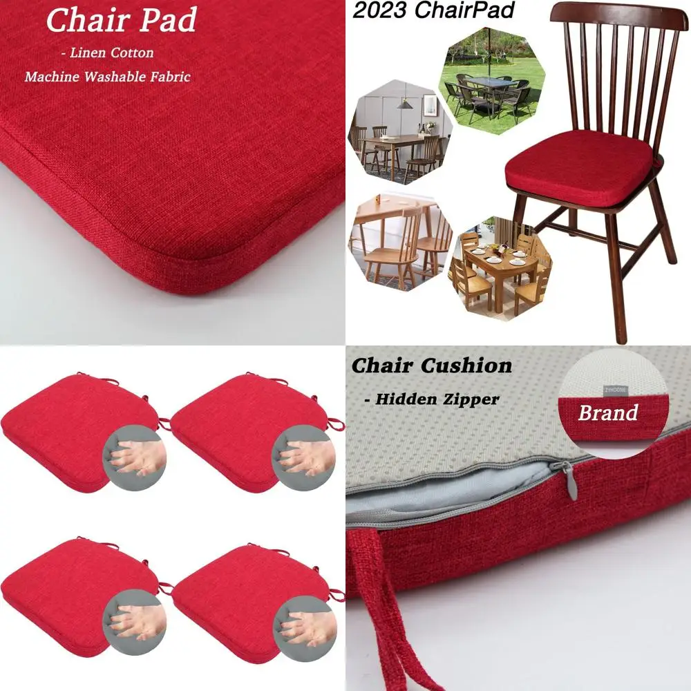 

Thick Memory Foam Seat Cushions with Ties, 15x15x2, Machine Washable Covers, Red, Set of 4