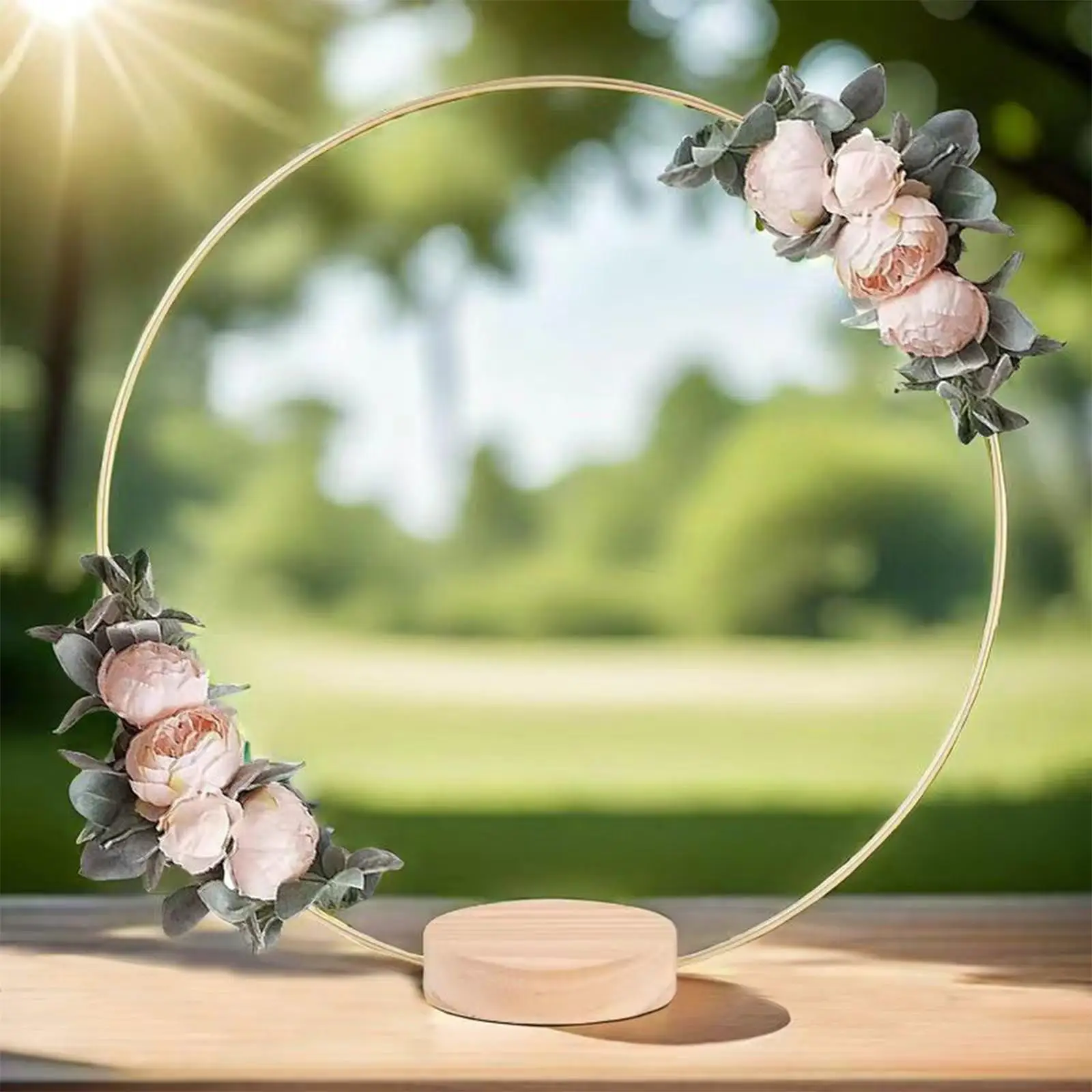 6 Pieces Metal Floral Hoop Centerpiece with Wood Stand Wedding Wreath for Wedding Home Decor Party Supplies Birthday New Year