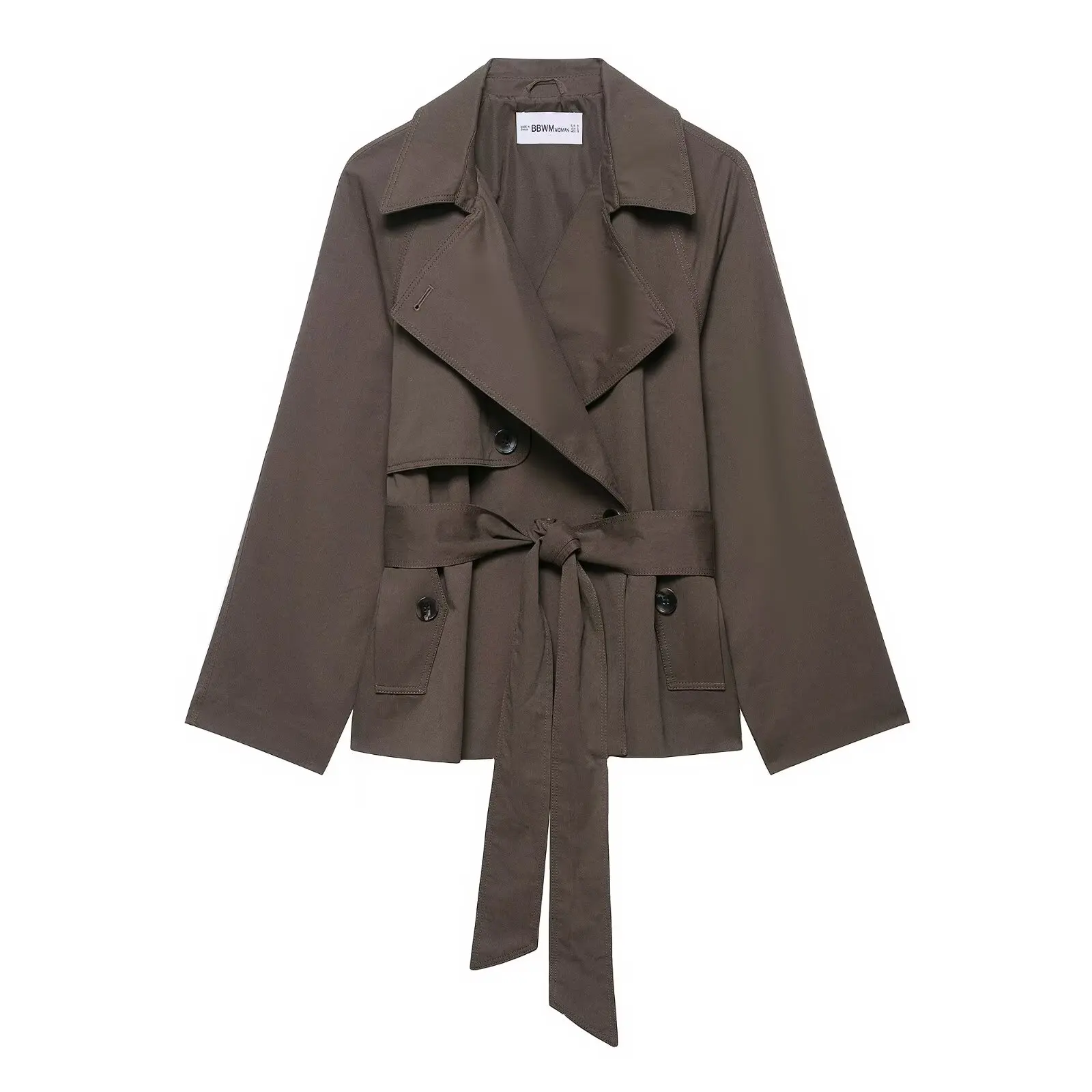 

2025 Fall New Arrival Women's Minimalist Belted Collar Long-Sleeve Double-Breasted Short Trench Coat