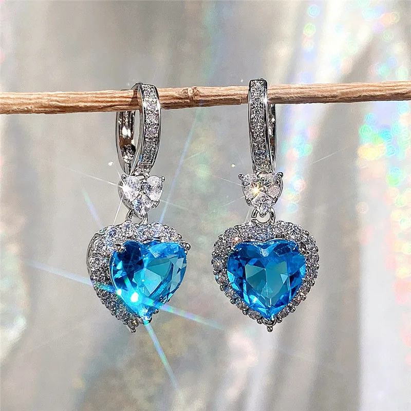 Fashion Women Shining Heart CZ 925 Silver Needle Stud Earrings for Wome Red Blue Ears Stud Crystal Valentine's Day Gift Jewelry