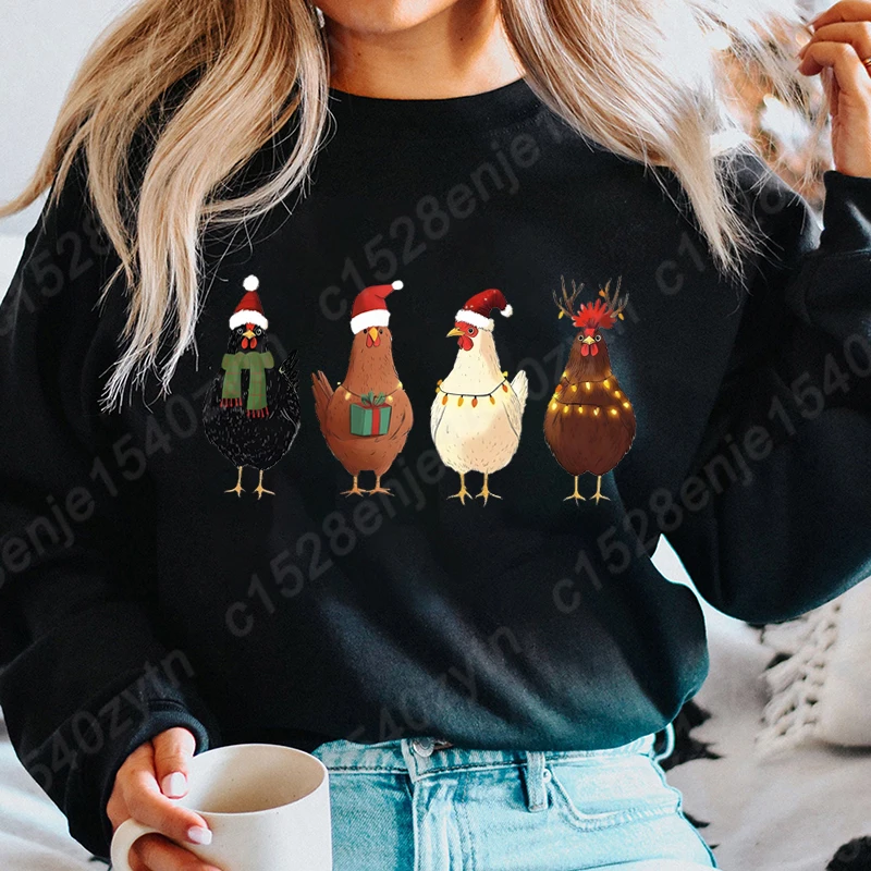 Сute Christmas Chickens Sweatshirt, Funny Christmas Sweatshirt, Crewneck Long Sleeves, Holiday Pullovers, Women Sweatshirts