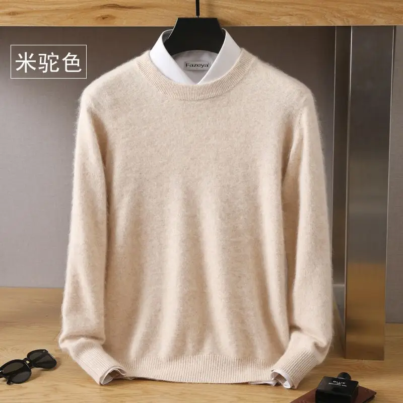 Autumn Winter 100% Mink Cashmere Sweater Men's Round Neck Pullover Loose Solid Color Plus Size Base Knit Business Casual Sweater