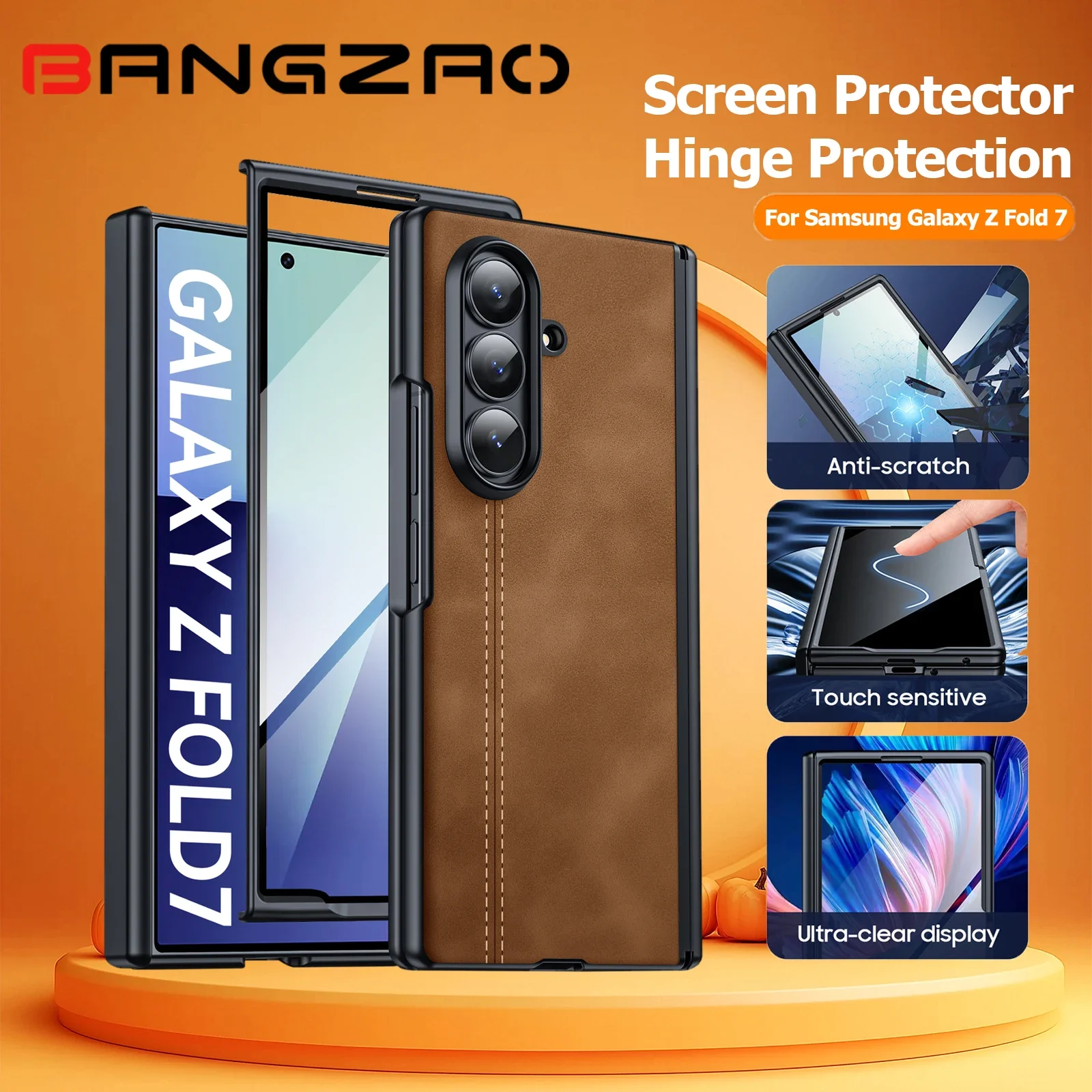 

Подарки на Хэллоуин с защитой петли, защитная пленка HD, противоударный чехол из искусственной кожи с пескоструйной обработкой для Galaxy Fold 7-коричневый