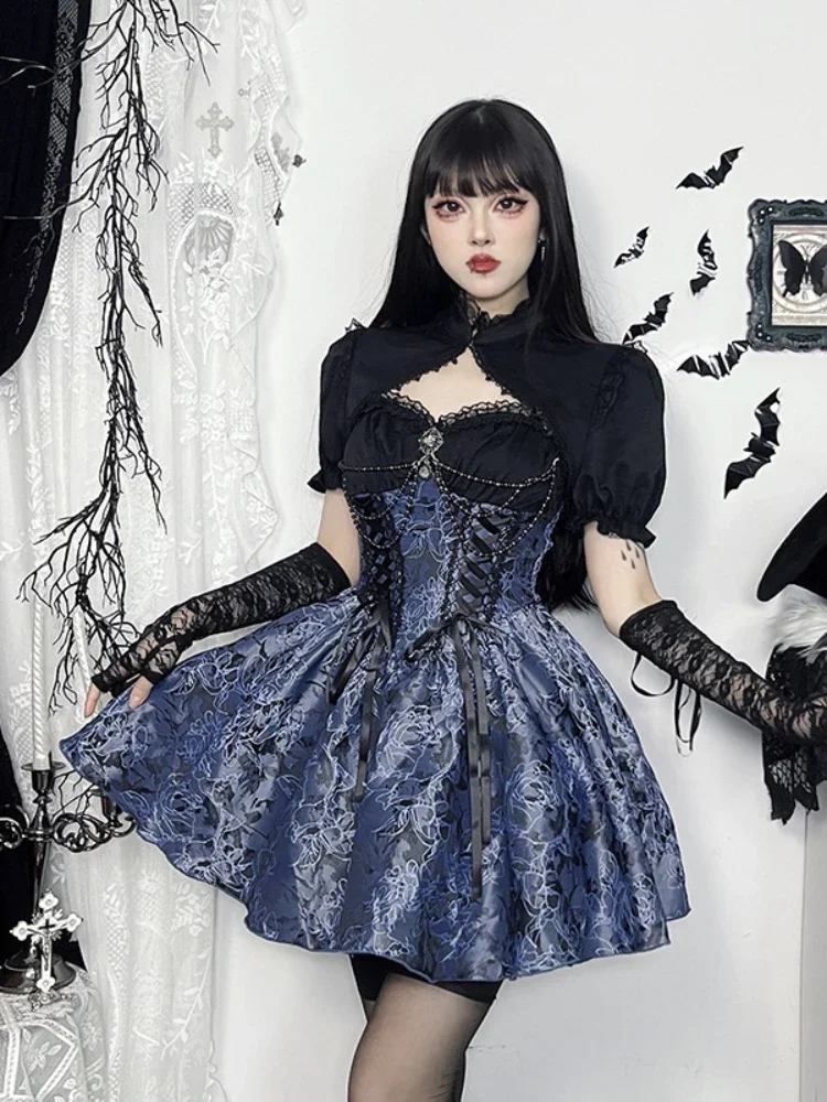 AltGoth Dark Gothic Lolita Dress Women Harajuku Streetwear Aesthetic Fairy Grunge Lace Patchwork Bandage Corset Dress Partywear