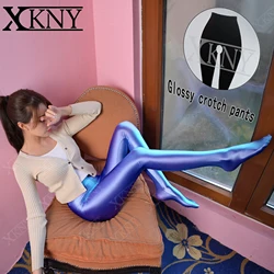 XCKNY oil Leggings Open crotch pants satin glossy opaque pantyhose sexy tights silky slim high yoga soprt glossy pants