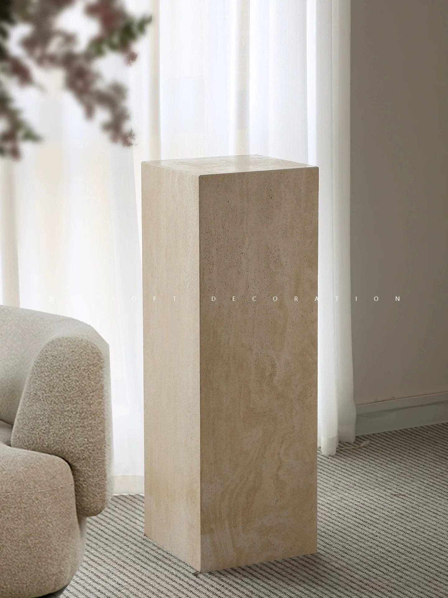 Mid‑Century Travertine Pillar Decor Display Stand Marble Base Pedestal Floor Ornament  Entryway Living Room Home Decoration