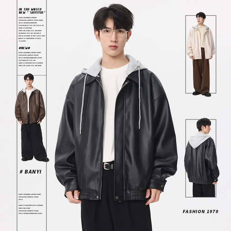 

Новые мужские кожаные куртки, осенняя повседневная мотоциклетная куртка из искусственной кожи, байкерские кожаные пальто, брендовая одежда, кожаная куртка с капюшоном Harajuku