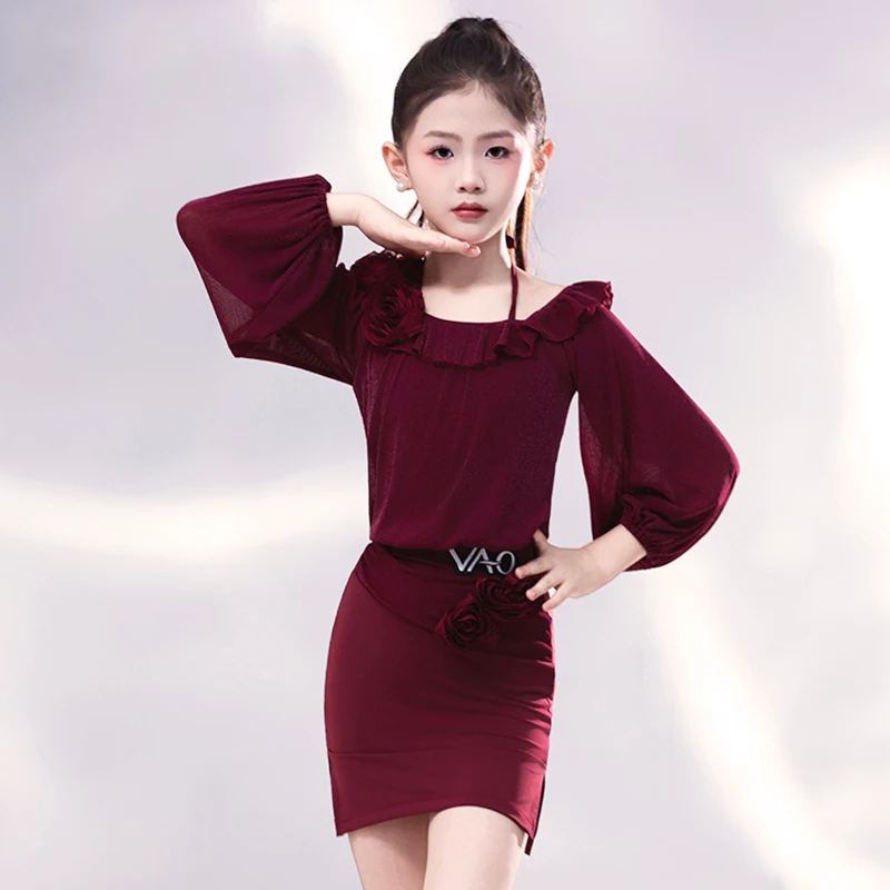 Costume de danse latine rouge vin pour filles, ensemble haut à manches longues et jupe, vêtements d'entraînement pour enfants, AMY2831