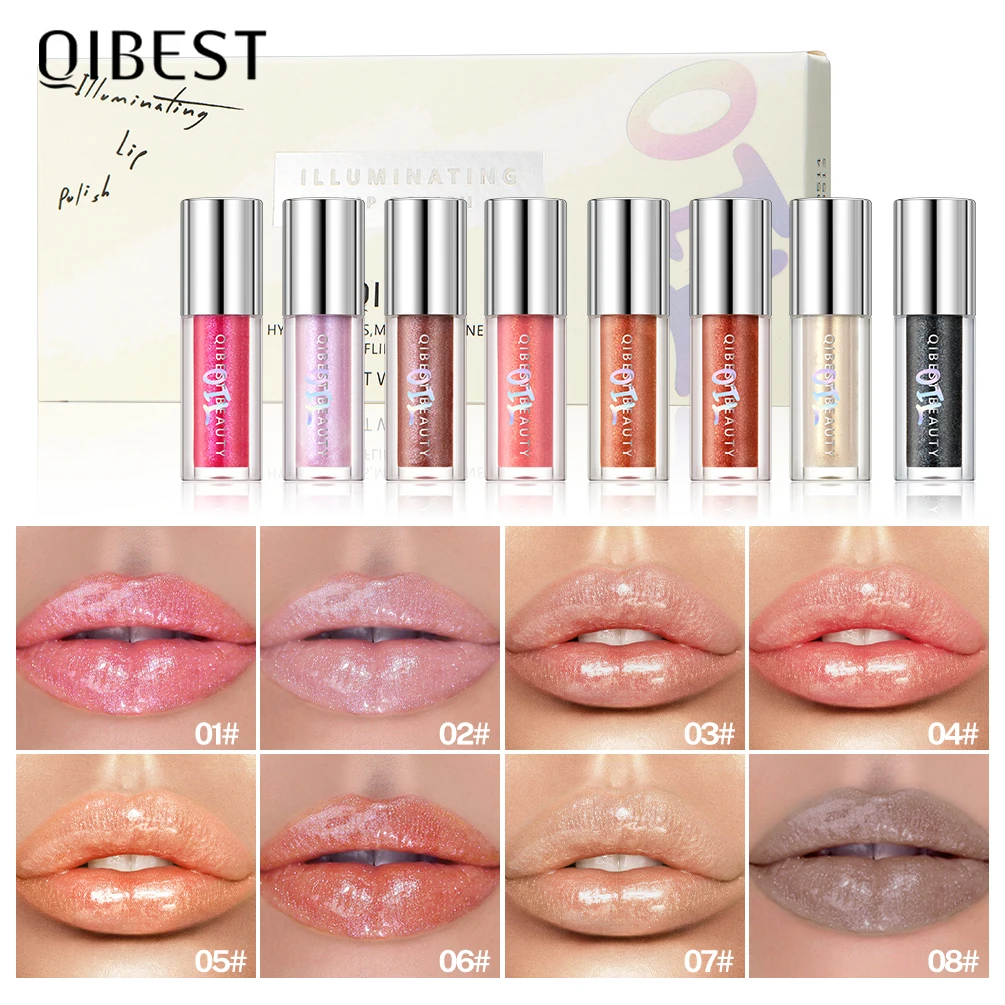 QIBEST Plump and Sparkling Pearlescent Lip Gloss Delicate Moisturizing Easy To Color Dudu Lip Gloss Makeup Sets For Beauty Women