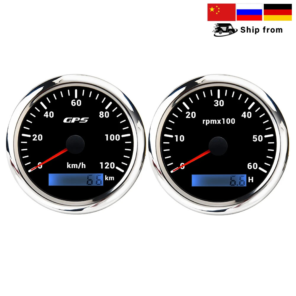 ELING Ships Universal 85mm GPS Speedometer 0-30km/h 200KM/H + Tachometer 0-3000RPM with GPS Antenna and 7 Colors Backlight 9-32V