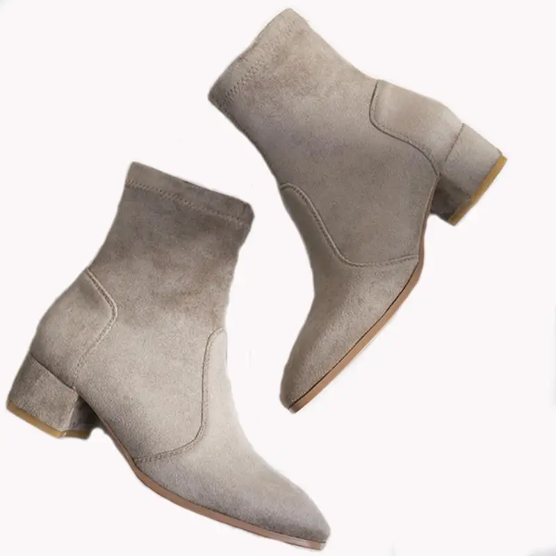 Women Elastic Fabric Boots Suede Short Boots Fashion Handmade Classic Pointed Toe Shoes 34-35 feet length 22-22.5cm small size