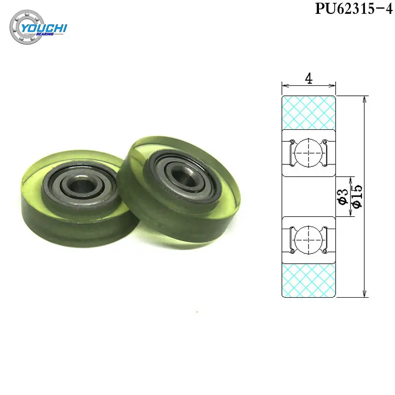 

10pcs 3x15x4 Urethane Covered Bearing Roller PU62315-4 15mm Diameter 3mm Hole Polyurethane Mute Guide Pulley 3*15*4 PU Wheel