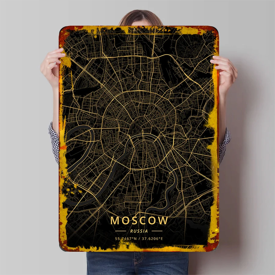 Russo Modern City Map Metal Wall Art Moscow Urban Decorative Iron Painting for Living Room Office Home Decoration
