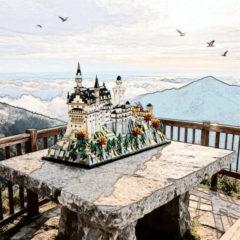Europejski Zamek Las Krajobraz Klocki Zabawka DIY Zamek Neuschwanstein Model Architektoniczny Prezent na Boże Narodzenie