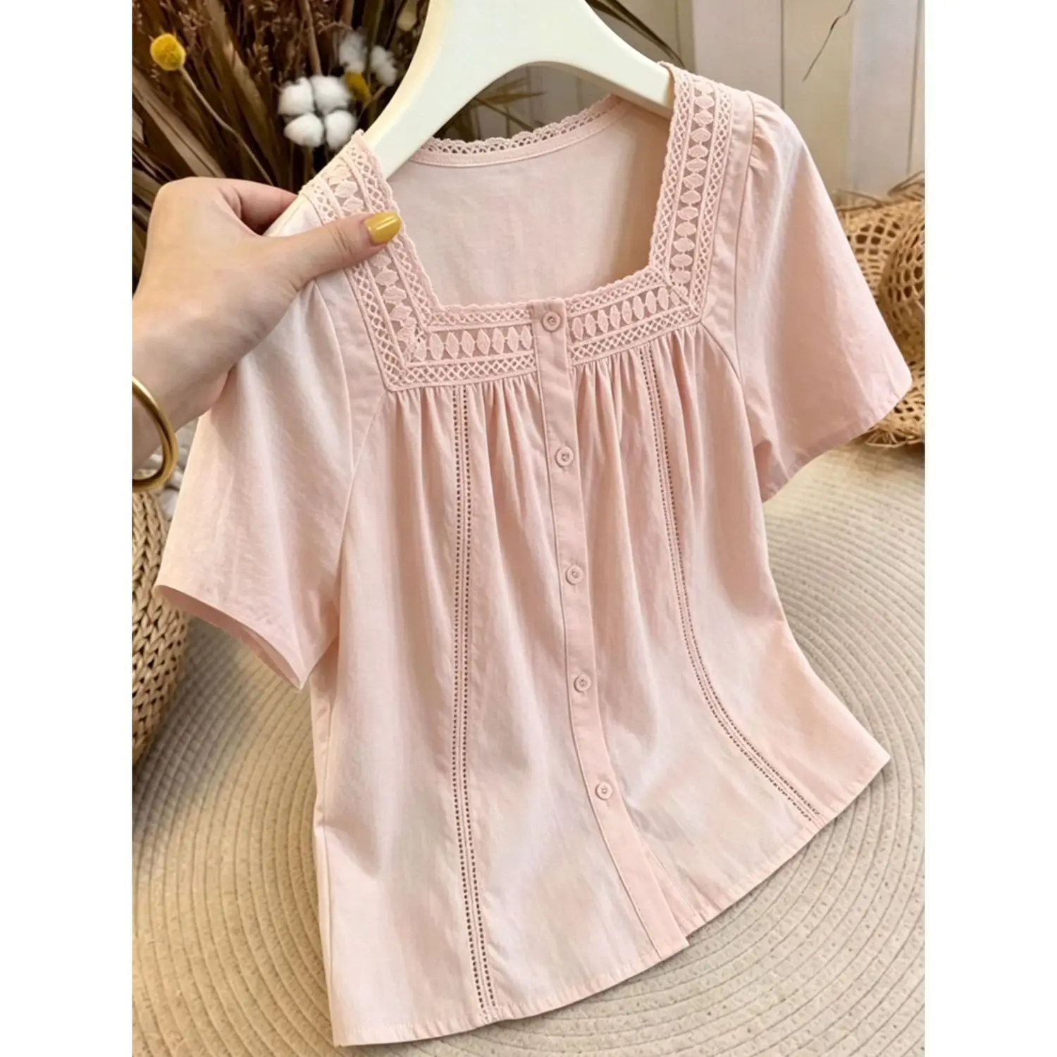 

Chic Summer Pink Square Collar Short Sleeve Women's Shirt Design Sensation Gentle Style Versatile Open Cardigan Top