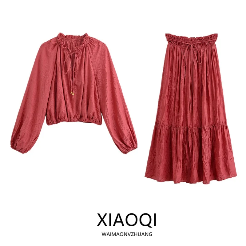 

Summer 2025 Women's Loose Long Sve V-Ne Pleated Effect Top Faionable Casual Wear for Ages 25-35