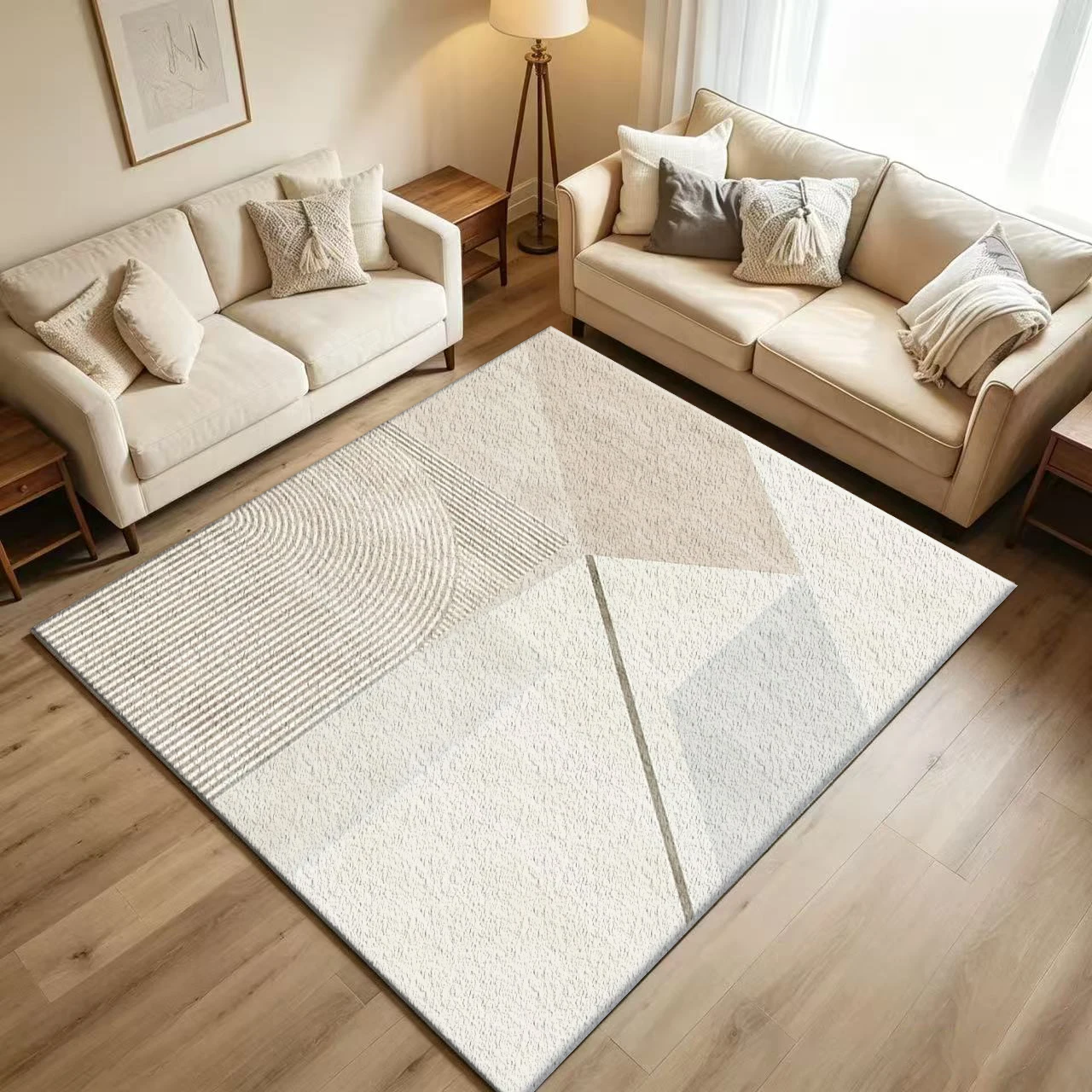 Beige Neutral Geometric Line Carpet Flooring Mid‑Century Large Area Rug for Bedroom Living Room Home Decor