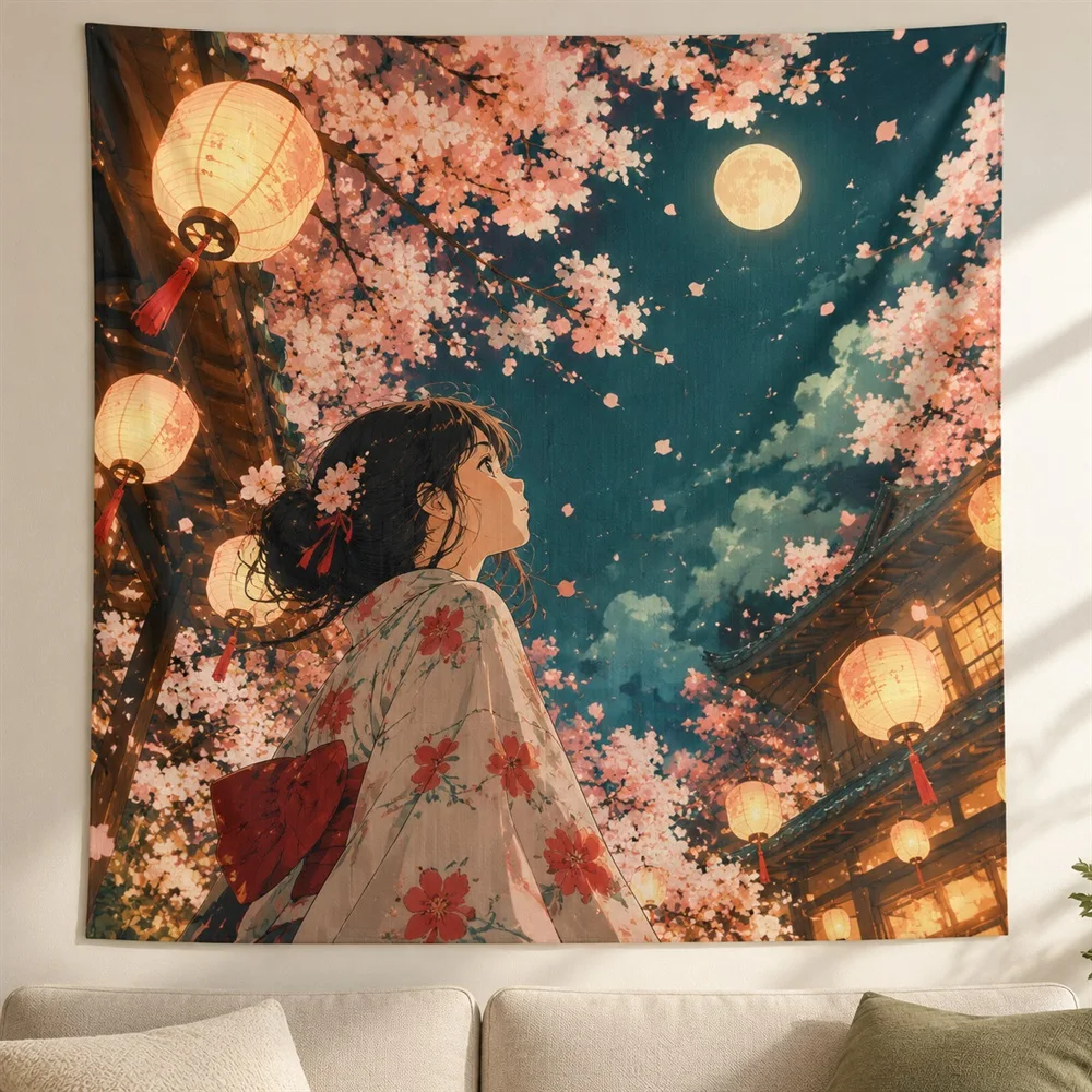 VIKAMA Sakura Lantern Night Anime Tapestry Wall Hanging, Aesthetic Japanese Anime Room Decor Tapestries for Bedroom Living Room