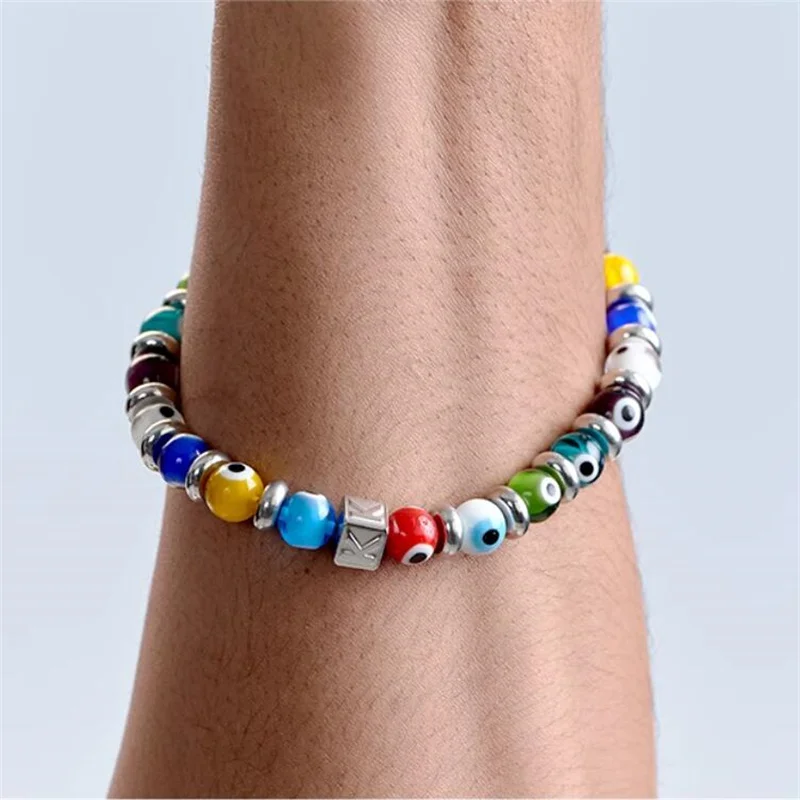 Vintage Fashion Mixed Color Blue Eyes Glass Beaded Bracelet for Men&Women Same Style Couple Light Luxury Hip Hop Top Charm