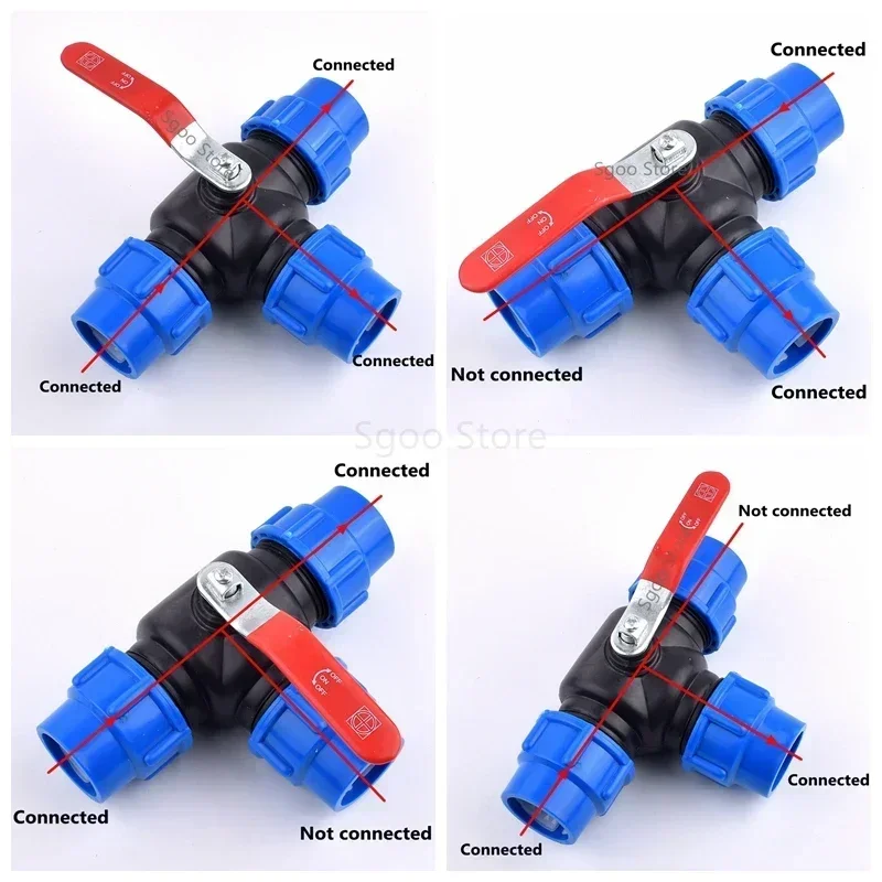 1Pcs 25mm 32mm 40mm 50mm Water Pipe Plastic Steel Core Ball Valve 3-Way Quick Connector T-Type PVC PE Fast Connection