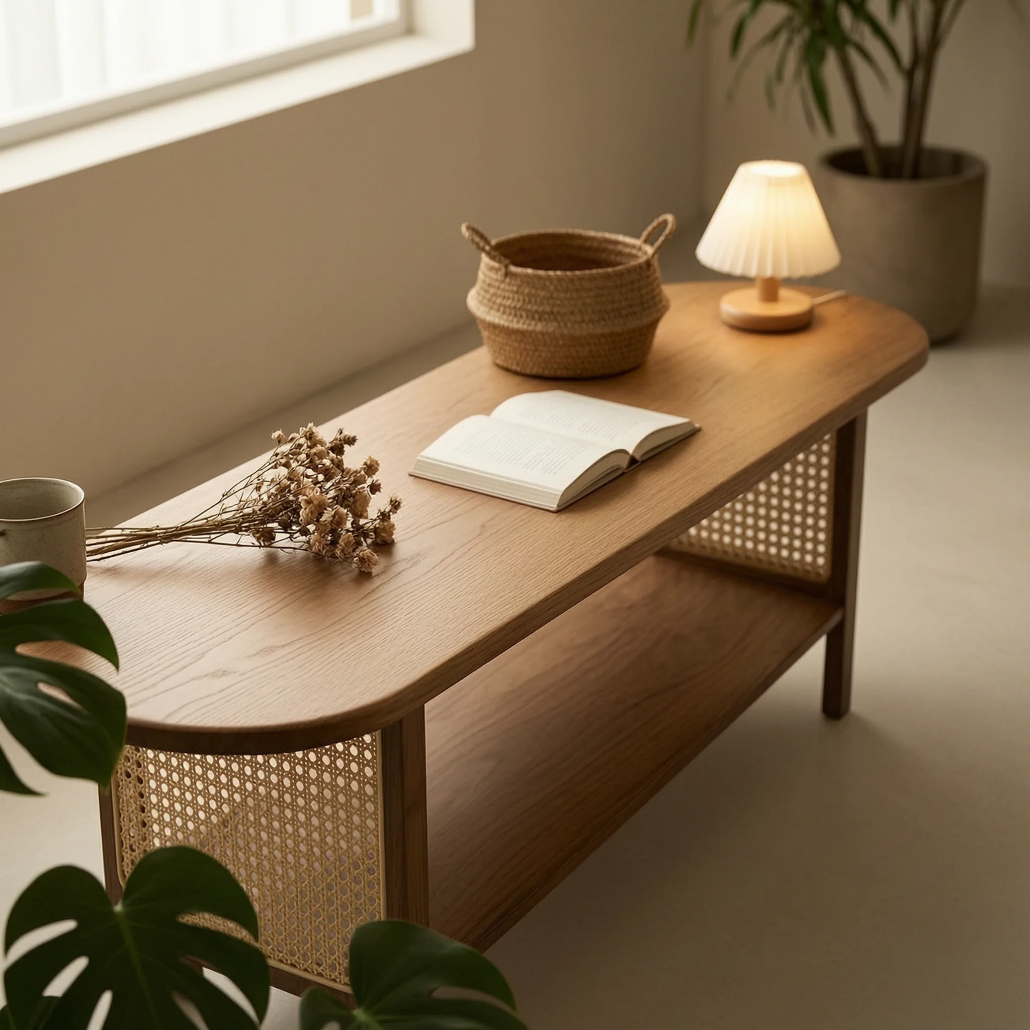Bamboo TV Stand Rounded-Corner Bamboo TV Console Console Table with Shelf Slim Furniture Space-Saving for Living Room, Entryway