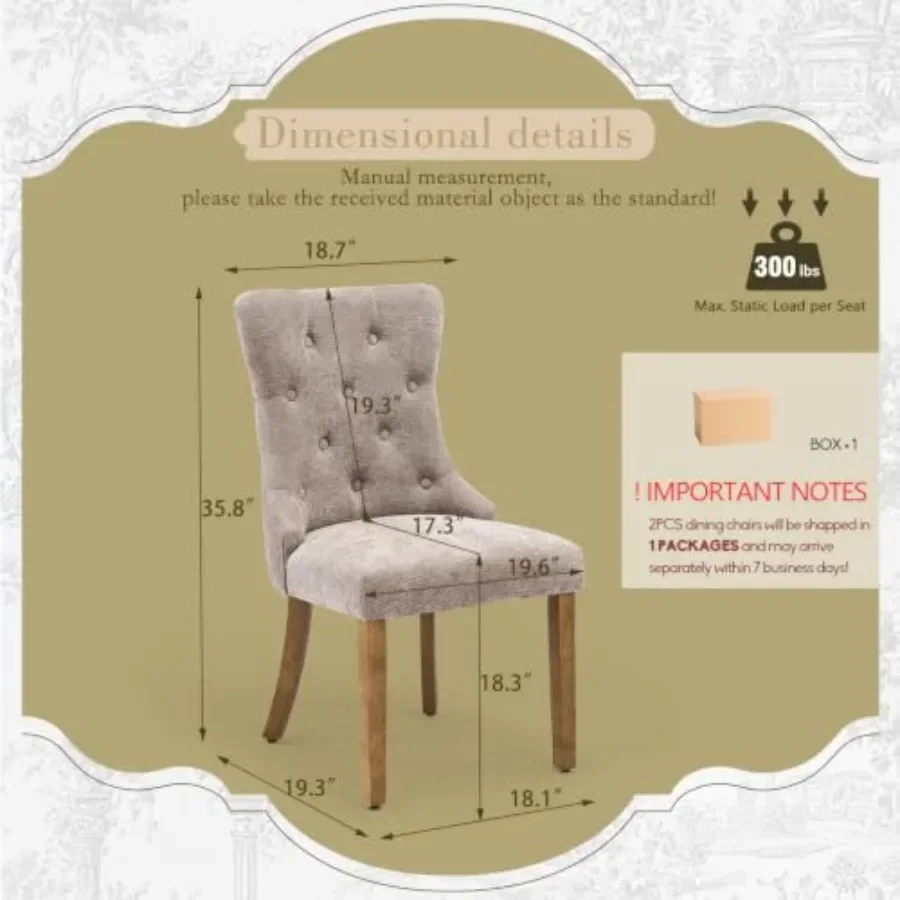 Wingback dining chairs set of 2 for kitchen and living room, chenille upholstery in beige, button-tufted back and solid wood le