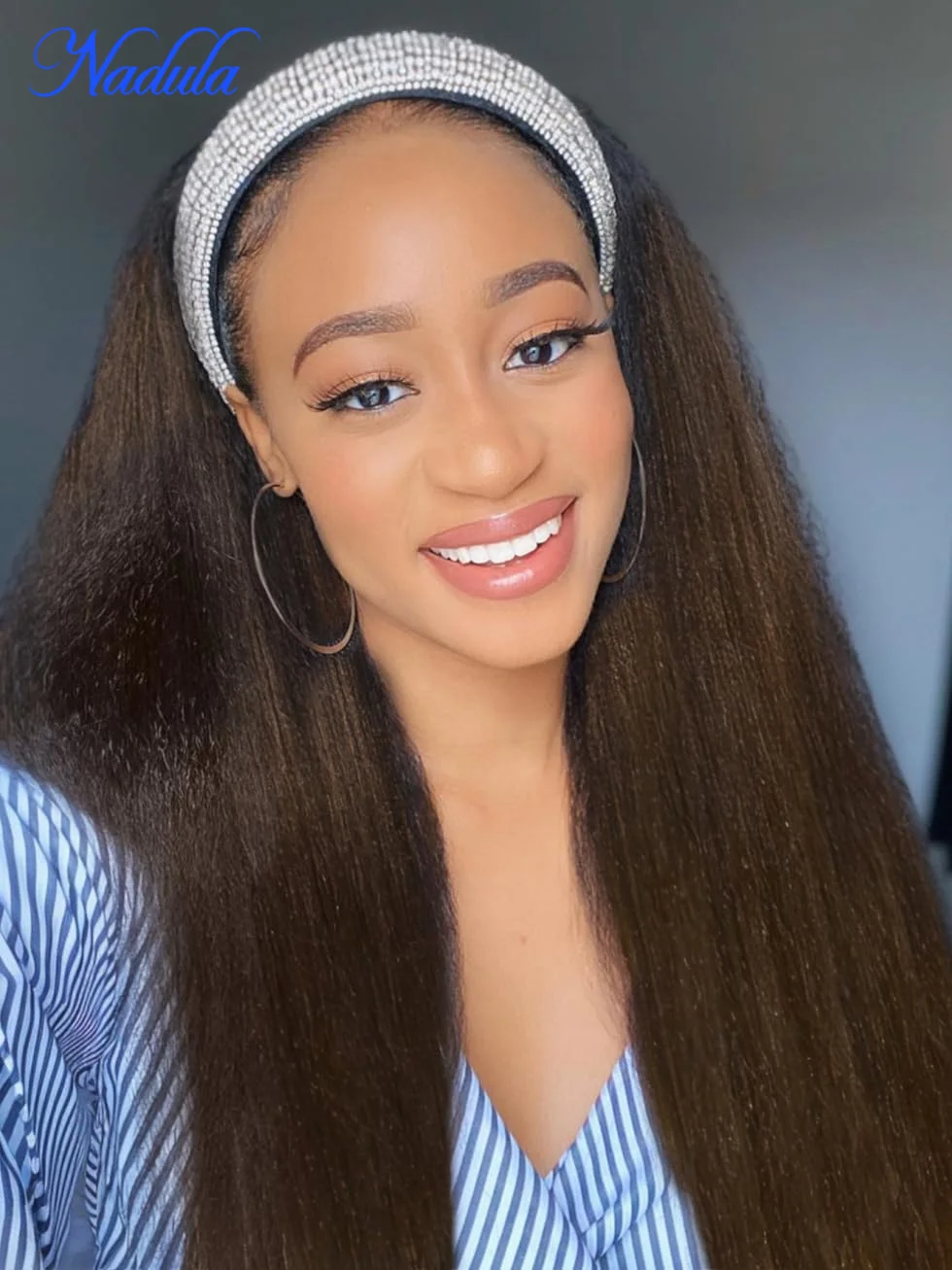 

Nadula Headband Wig Human Hair with Drawstring Yaki Straight Ombre Chestnut Brown Color Glueless Human Hair Wig for Black Women