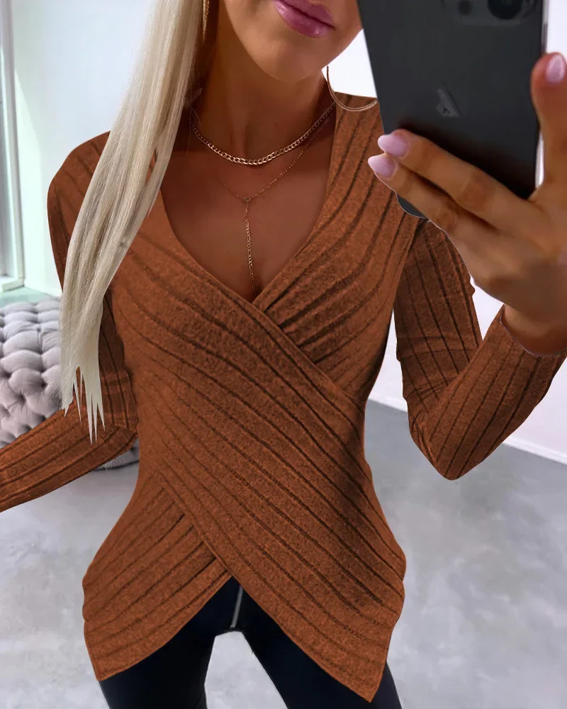 Women Fashion Solid Color V-Neck Overlap Asymmetrical Casual Long Sleeve Top