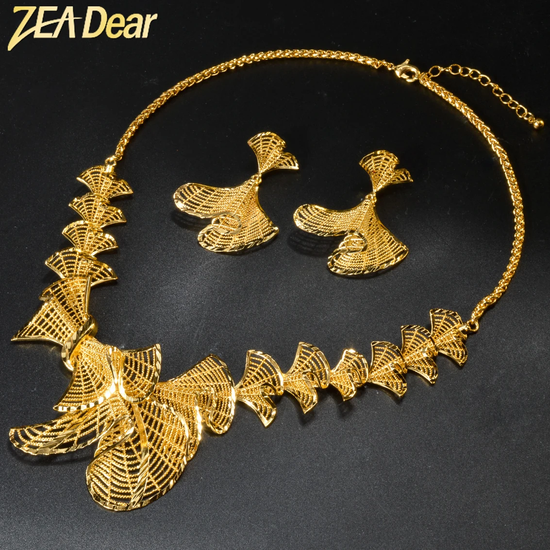 

ZEADear Jewelry Sets Fashion Brazilian African Copper Gold Plated Earrings Bowknot Pendent Necklace For Women Party Wedding Gift