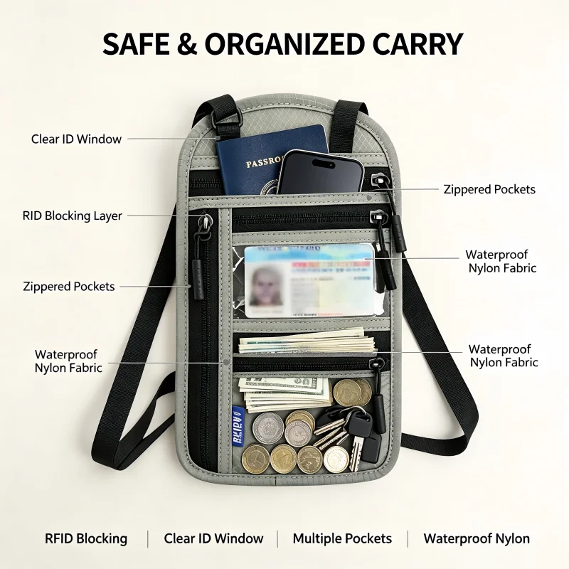 Anti-theft Security Stash Pouch Nylon RFID Blocking Passport Bag with Adjustable Neck Strap Waterproof Travel Neck Wallet