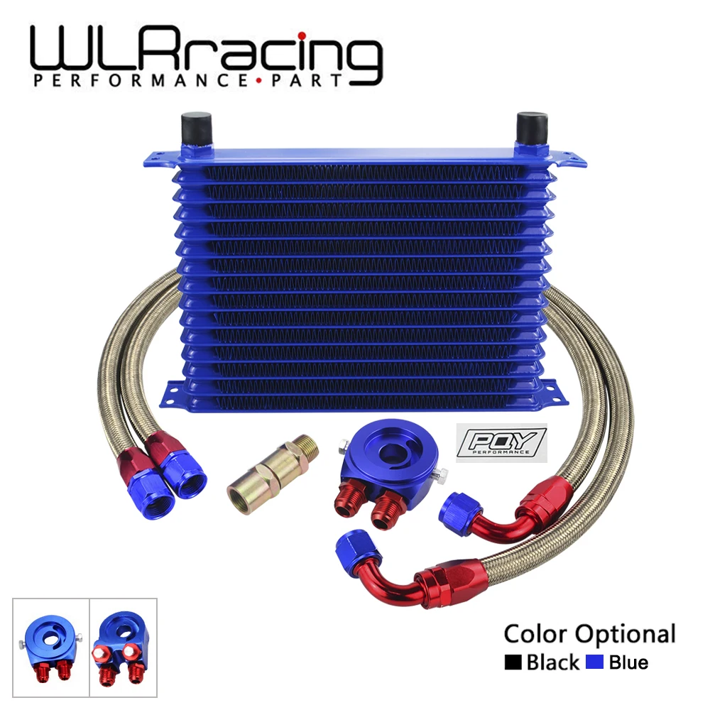 WLR - UNIVERSAL 15 ROWS OIL COOLER KIT + OIL FILTER SANDWICH ADAPTER + STAINLESS STEEL BRAIDED OIL HOSE WITH PQY STICKER+BOX