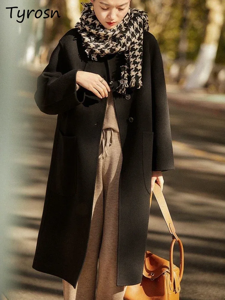 

Long Blends Women Classic Design Minimalist Pure Warm Autumn All-match Loose Pockets Basic Korean Style Elegant Ladies Fashion