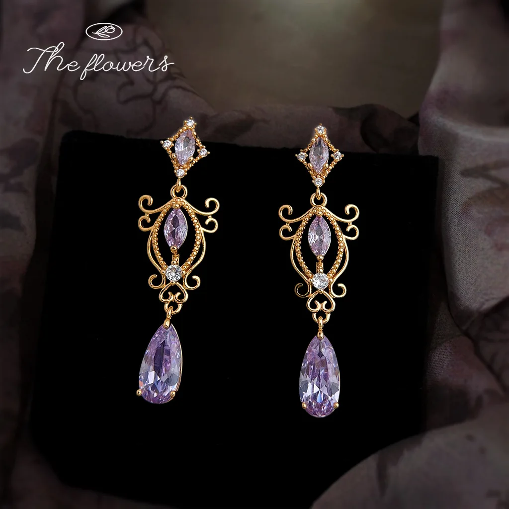 

Ювелирные изделия с аметистом среднего возраста, викторианская эпоха, фиолетовый граненый драгоценный камень, каплевидные уши, висячие украшения Basse-taille, кружевные украшения Bulla