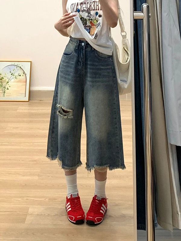 Retro American Weathered Frayed Hole Seven-Five Jeans Women Summer High Waist Loose Wide Leg Medium Shorts Denim Casual Cotton